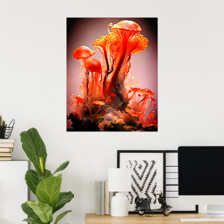 Kleurrijke doorzichtige paddenstoelen op een muur poster