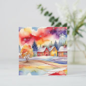 Kleurrijke Dorp waterverf Feestdagenkaart (Staand voorkant)