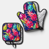 Kleurrijke Dragon Fruit Ovenwant & Pannenlap Set (Voorkant / Achterkant)