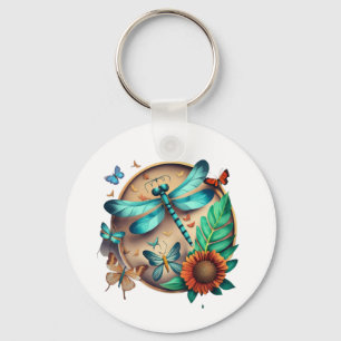 Kleurrijke Dragonfly en Butterfly Floral Design Sleutelhanger