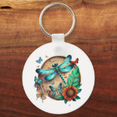 Kleurrijke Dragonfly en Butterfly Floral Design Sleutelhanger (Voorkant)
