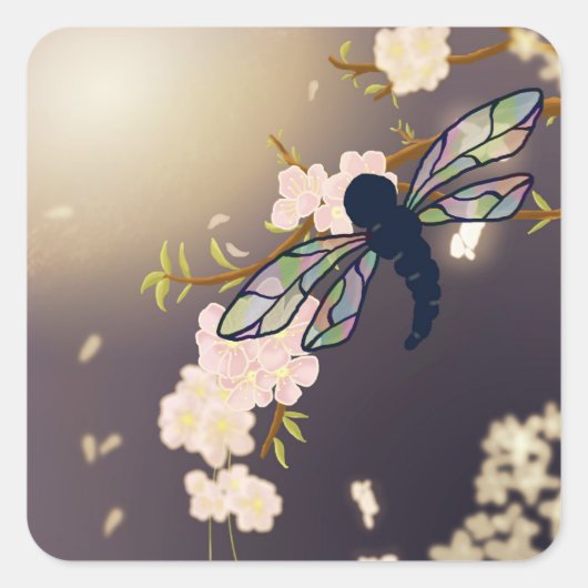 Kleurrijke Dragonfly en Cherry Blossom schilderij Vierkante Sticker (Voorkant)