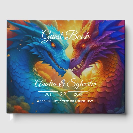 Kleurrijke Draken In Liefde Blauw Trouwen Gastboek Gastenboek (Voorkant)