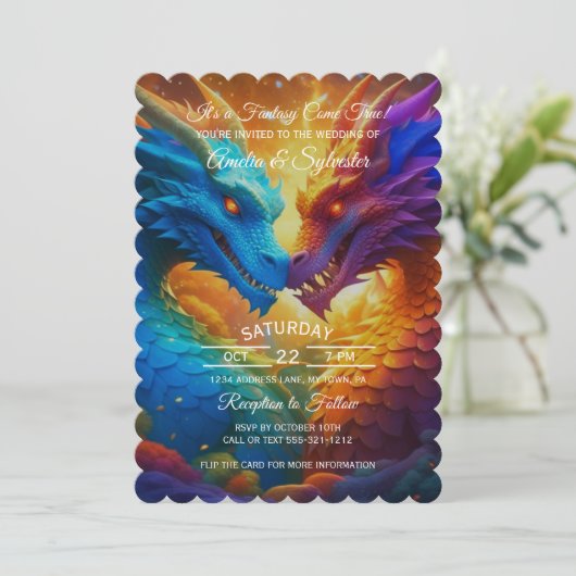 Kleurrijke draken in liefde bruiloft uitnodiging (Staand voorkant)