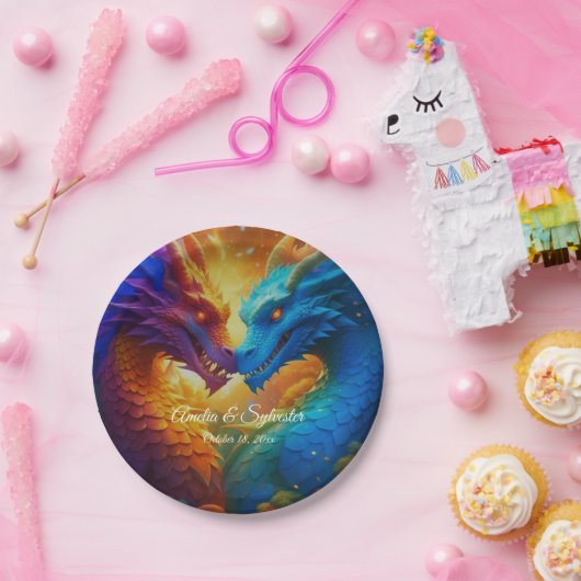 Kleurrijke Draken in Liefde Papieren Bordje (Feest)