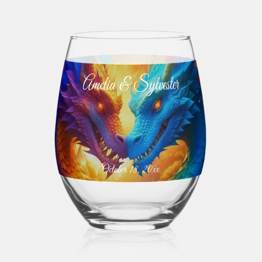 Kleurrijke Draken In Liefde Stemloos Wijnglas Wijnglas Zonder Voet (Achterkant)