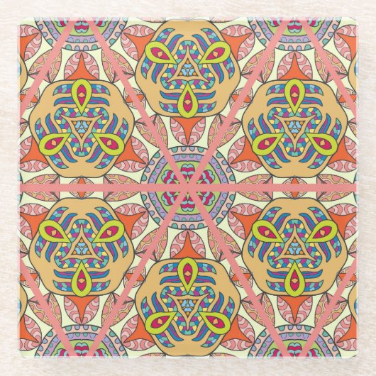 Kleurrijke driehoek patchwork, met de hand geteken glazen onderzetter (Voorkant)