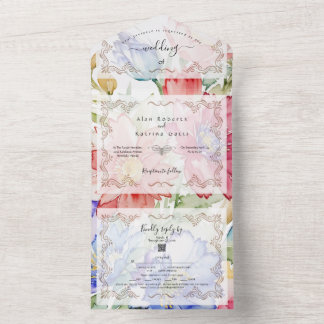 Kleurrijke drievoudige waterverf bloemenprint all in one uitnodiging