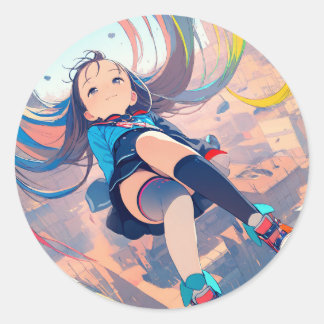 Kleurrijke drijvende anime meisje ronde sticker