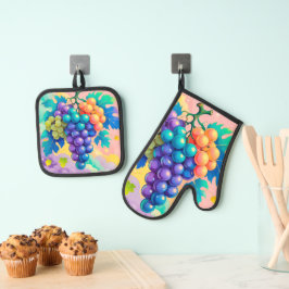 Kleurrijke druiven ovenwant & pannenlap set