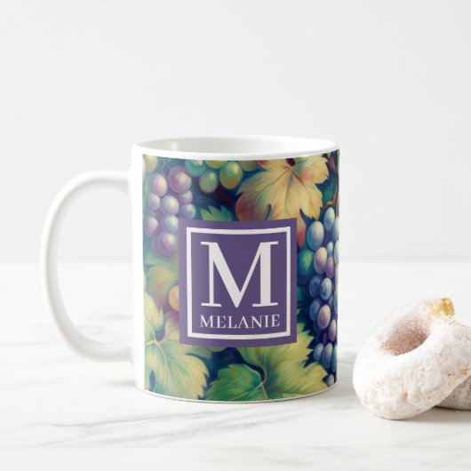 Kleurrijke Druivenpatroon Monogram en Naam Koffiemok (Met donut)