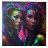 Kleurrijke Dual Portret van vrouwen met krullend h Tegeltje (Voorkant)