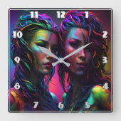 Kleurrijke Dual Portret van vrouwen met krullend h Vierkante Klok (Voorkant)