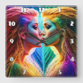 Kleurrijke Dual Portret van Vrouwen met Levendig H Vierkante Klok (Voorkant)