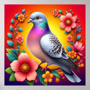 Kleurrijke Duif Omringd door Levendige Bloemen Poster