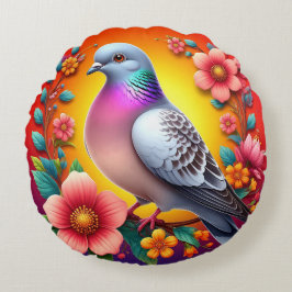 Kleurrijke duif omringd door levendige bloemen rond kussen