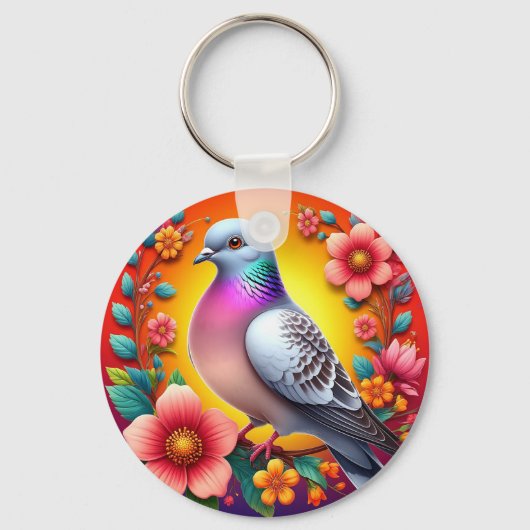 Kleurrijke duif omringd door levendige bloemen sleutelhanger (Voorkant)