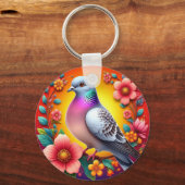 Kleurrijke duif omringd door levendige bloemen sleutelhanger (Voorkant)