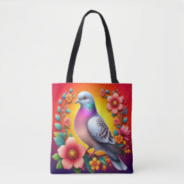 Kleurrijke duif omringd door levendige bloemen tote bag