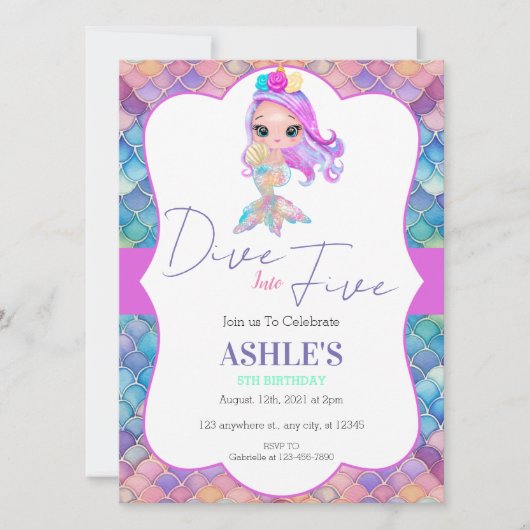 Kleurrijke duik in vijf zeemeermin 5e verjaardag kaart (Voorkant)