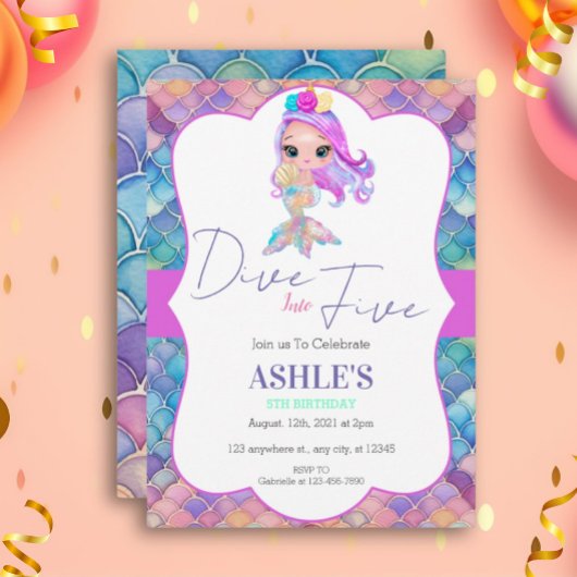 Kleurrijke duik in vijf zeemeermin 5e verjaardag kaart