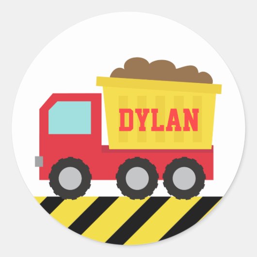Kleurrijke Dump Truck, Bouwvoertuig voor Jongen Ronde Sticker (Voorkant)