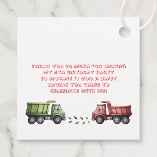 Kleurrijke Dump Trucks 4e. Verjaardagsfeest Bedank Bedankjes Labels (Achterkant)