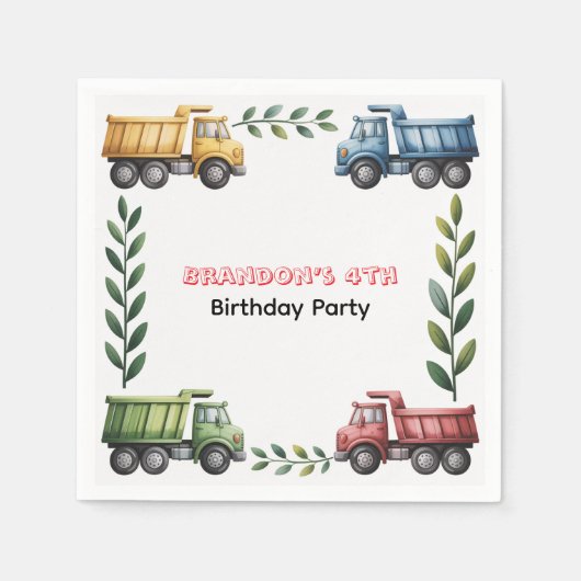 Kleurrijke Dump Trucks 4e. verjaardagsfeestje Servet (Voorkant)