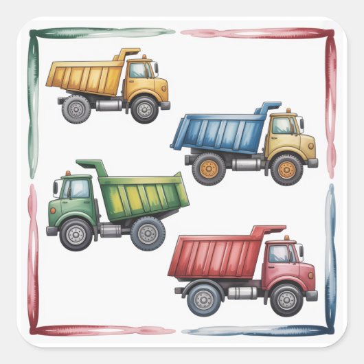 Kleurrijke Dump Trucks 4e. verjaardagsfeestje Vierkante Sticker (Voorkant)