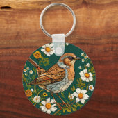 Kleurrijke Dunnock Bird te midden van bloeiende bl Sleutelhanger (Achterkant)