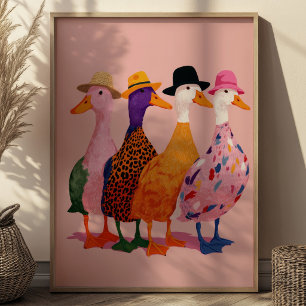 Kleurrijke Dwaas Ganzen Illustratie Retro Dieren K Poster