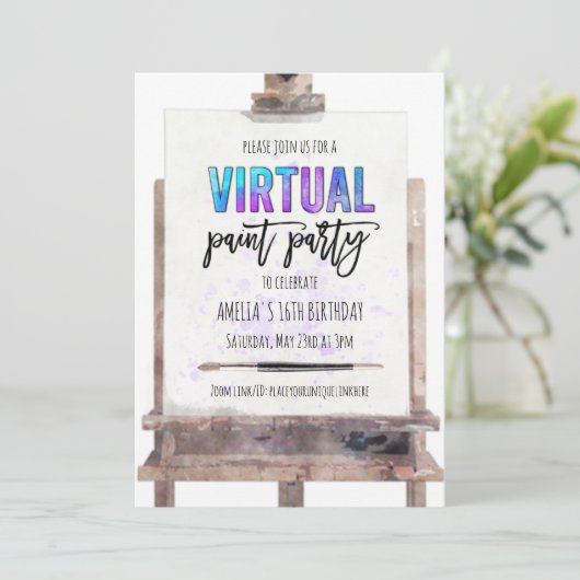 Kleurrijke Easel Virtuele Schilderfeest 16e Verjaa Kaart (Staand voorkant)
