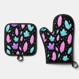 Kleurrijke edelstenen in de kosmische ruimte ovenwant & pannenlap set