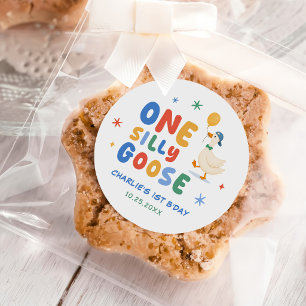 Kleurrijke Eén Dwaas Ganzekind 1e Verjaardag Ronde Sticker