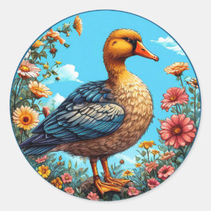 Kleurrijke eend staand te midden van levendige blo ronde sticker