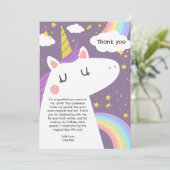 Kleurrijke Eenhoorn en Regenboog Verjaardagsfeest Bedankkaart (Staand voorkant)