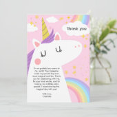 Kleurrijke Eenhoorn en Regenboog Verjaardagsfeest Bedankkaart (Staand voorkant)