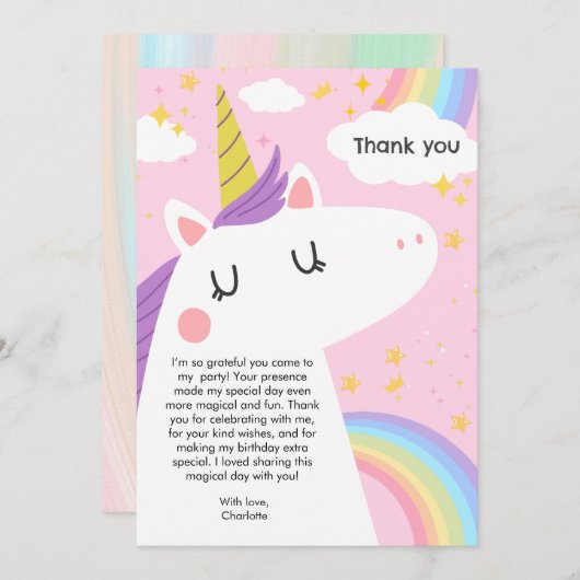 Kleurrijke Eenhoorn en Regenboog Verjaardagsfeest Bedankkaart (Voorkant / Achterkant)