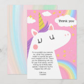 Kleurrijke Eenhoorn en Regenboog Verjaardagsfeest Bedankkaart (Voorkant / Achterkant)