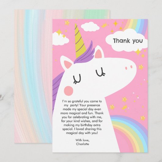 Kleurrijke Eenhoorn en Regenboog Verjaardagsfeest Bedankkaart (Voorkant / Achterkant)