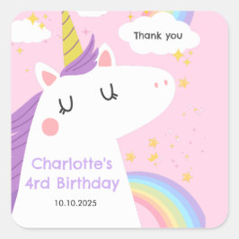 Kleurrijke Eenhoorn en Regenboog Verjaardagsfeest Vierkante Sticker