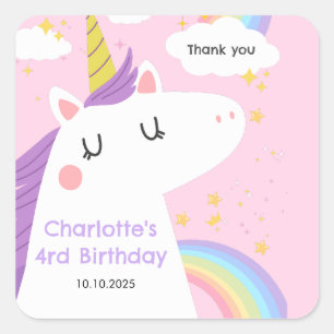 Kleurrijke Eenhoorn en Regenboog Verjaardagsfeest Vierkante Sticker