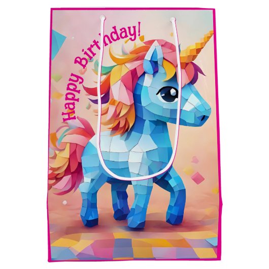 Kleurrijke Eenhoorn Pinata Verjaardag Medium Cadeauzakje (Achterkant)