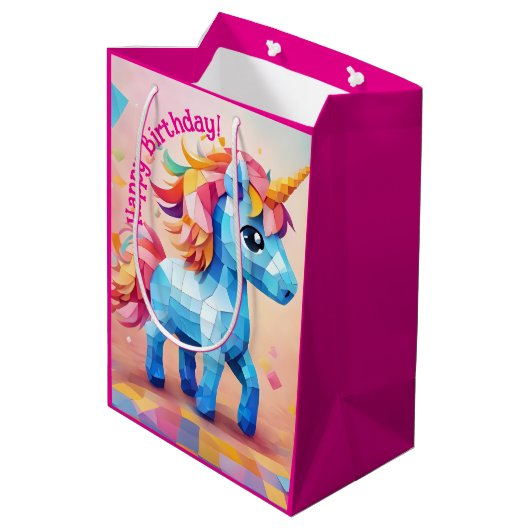 Kleurrijke Eenhoorn Pinata Verjaardag Medium Cadeauzakje (Achterkant Gekanteld)