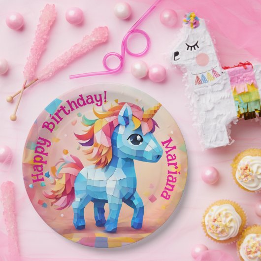 Kleurrijke Eenhoorn Pinata Verjaardag Papieren Bordje (Feest)