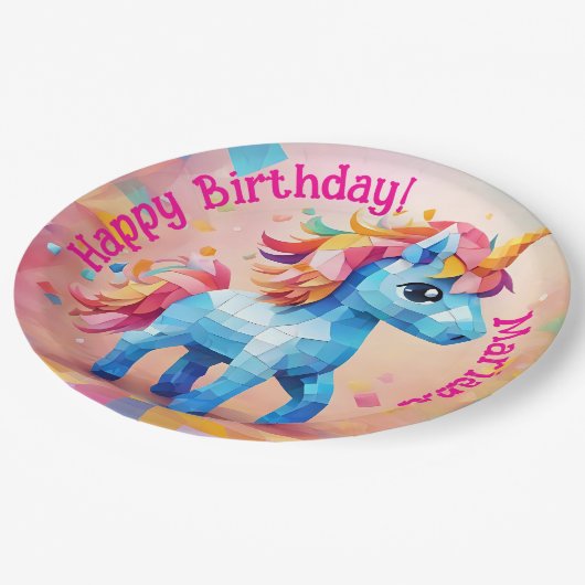 Kleurrijke Eenhoorn Pinata Verjaardag Papieren Bordje (Gekanteld)