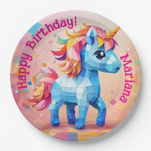 Kleurrijke Eenhoorn Pinata Verjaardag Papieren Bordje (Voorkant)