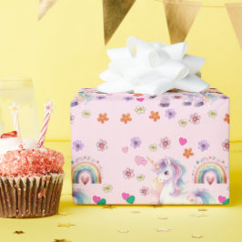 Kleurrijke Eenhoorn Regenboog Bloemen Verjaardagsf Cadeaupapier
