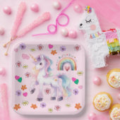 Kleurrijke Eenhoorn Regenboog Bloemen Verjaardagsf Papieren Bordje (Feest)