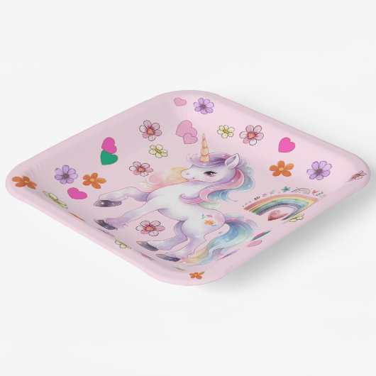 Kleurrijke Eenhoorn Regenboog Bloemen Verjaardagsf Papieren Bordje (Gebogen)